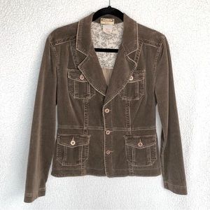 Pristine ‘90s Dept of Peace corduroy jacket, dark taupey brown, brass buttons